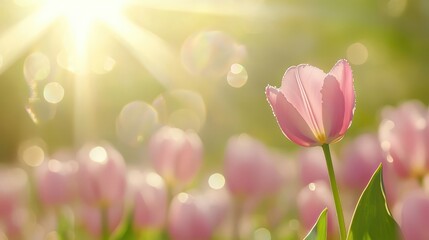 Vibrant pink tulips basking in the warm glow of sunlight 