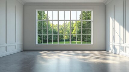 Fototapeta premium Sunlit Empty Room, Large Window, Green Garden View, Home Interior Design