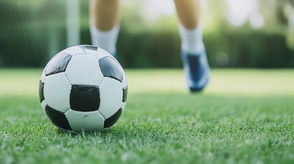 Fototapeta premium Soccer Ball on the Pitch: Close-up view of a classic black and white soccer ball resting on a vibrant green grass field.