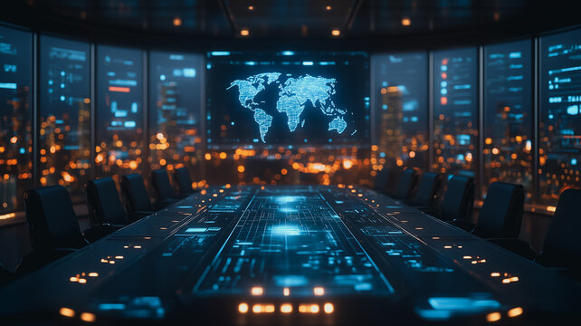 Global Command Center: A futuristic meeting room, bathed in an ethereal blue glow, with a massive screen displaying a world map and a holographic table that emanates data.