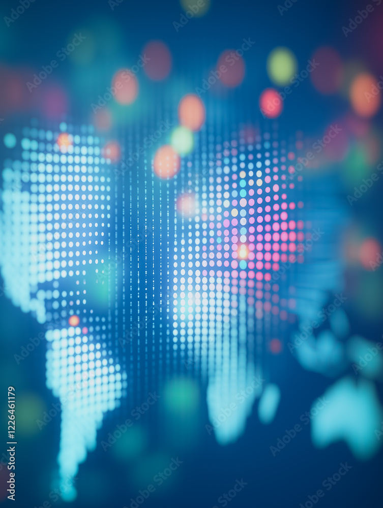 Poster global connectivity: a digital map of the world, illuminated in a mesmerizing display of light and c