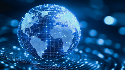 Global Network: A futuristic, glowing digital globe representing global connectivity and data flow. The intricate network of lines and nodes symbolizes the interconnectedness of the world. 