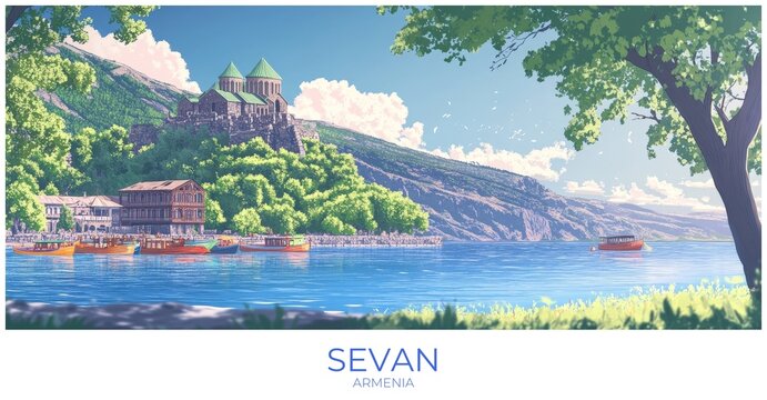 Sevan Armenia Travel Poster Flat Illustration Print Decor Gift Canvas Wall Art