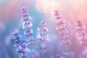 Obraz premium Serene lavender field in soft pastel colors during sunset, evoking tranquility and nature's beauty