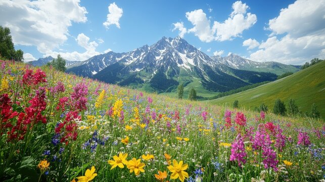 Vibrant Wildflowers Bloom Beneath Majestic Mountain Peaks