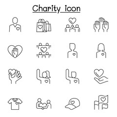 Charity, donation and volunteer icon set in thin line style
