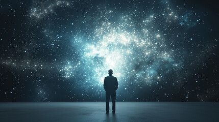 A Solitary Figure Under the Cosmic Canvas: A solitary man stands silhouetted against a mesmerizing night sky, his gaze fixed on the celestial expanse.  A canvas of stardust and celestial bodies.