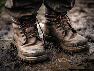 Close-up of muddy work boots, stepping on damp soil, detailed textures, earthy and raw
