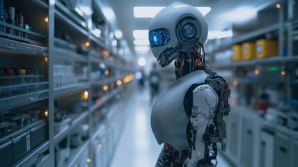 The Future of Automation: A humanoid robot with sleek, silver plating and bright blue eyes navigates an industrial warehouse setting.