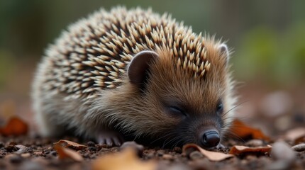 A close-up of a hedgehog's quills, with a blurred background of a forest floor and a few leaves and twigs surrounding it