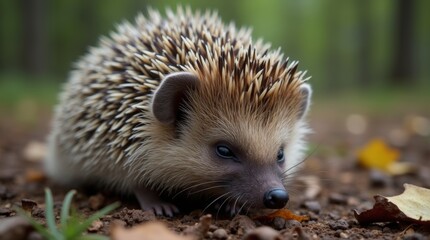 Fototapeta premium A close-up of a hedgehog's quills, with a blurred background of a forest floor and a few leaves and twigs surrounding it