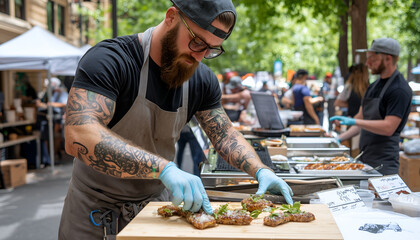 A chef prepares gourmet dishes outdoors at a food festival, showcasing culinary skills and vibrant atmosphere.