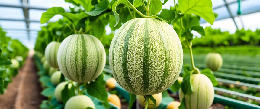 Fresh Green melon, melon growing organically, Green melon plants background, Melon Hanging banner, watermelon in greenhouse background, Fresh organic melon fruit on green plant tree farmland