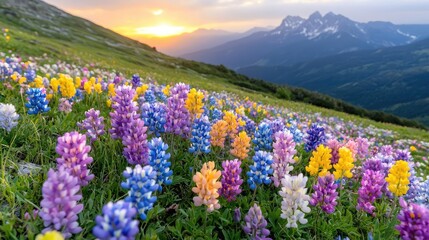 Obraz premium Vibrant lupine wildflowers bloom on a grassy mountain slope during a scenic golden hour sunset.