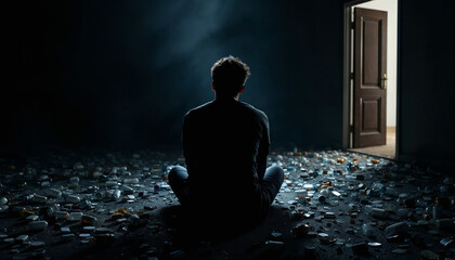 Obraz premium Young male sitting amidst scattered debris with dramatic lighting and a doorway in the background