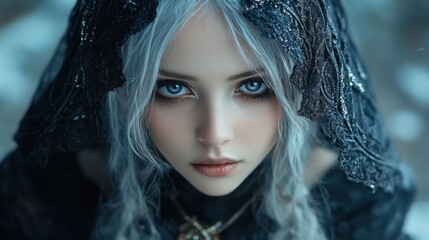 Close-up of a doll wearing a black dress with intricate details and lifelike features, fiction fantasy illustration