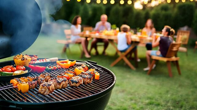 Group of friends enjoying a barbecue gathering in a backyard during sunset with grilled food
