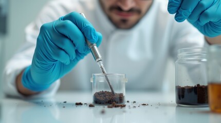 Close-up of a male lab technician carefully analyzing soil samples with a pipette, focused on precise testing, glass containers with soil on a clean lab surface.