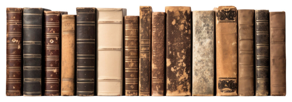 PNG Varying ages and designs of the spines of old books publication library