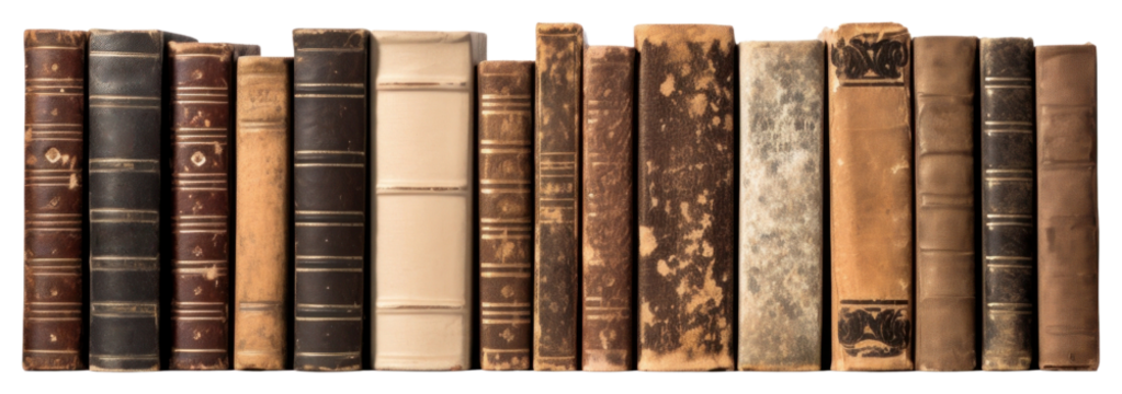 PNG Varying ages and designs of the spines of old books publication library