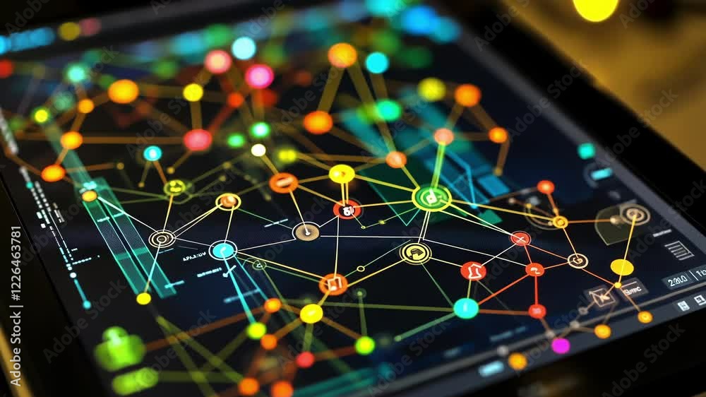 Poster complex network of interconnected nodes representing a manufacturing process control system, visuali