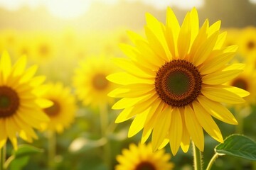 Obraz premium Bright and Vibrant Sunflower Blooming in a Summer Field with a Warm Golden Glow