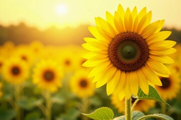 Obraz premium Bright and Vibrant Sunflower Blooming in a Summer Field with a Warm Golden Glow