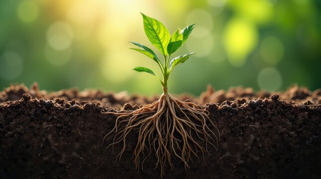 Close-up of healthy, well-nourished plant roots growing in rich soil, strong natural light highlighting the intricate root structure, lush and vibrant.
