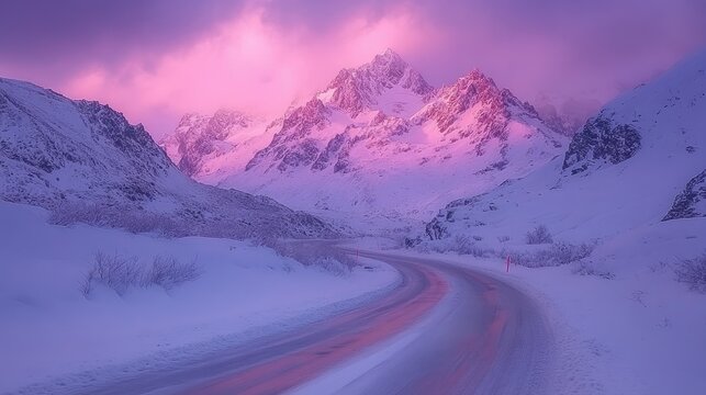 Pink Sunrise Over Snowy Mountain Road - Powered by Adobe