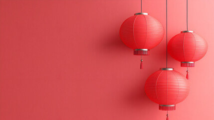 Fototapeta premium Three red lanterns hang against a vibrant pink wall, creating a festive and decorative ambiance.