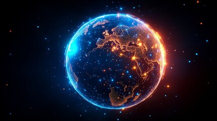 Fototapeta premium Global Network Visualization with Bright Connections - A stunning digital representation of Earth showcasing interconnected regions with vibrant blue and orange lights against a dark background.
