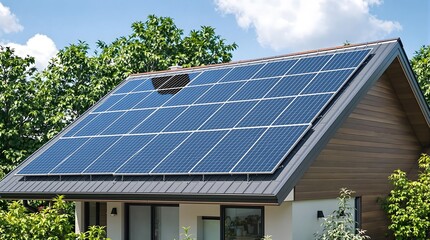 Fototapeta premium Solar Panel Roof - Modern House, Sustainable Energy, Renewable Power - Ideal for Home Improvement, Eco-Friendly Living, and Green Technology Concepts