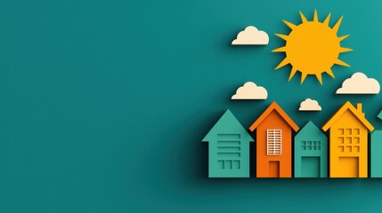 clean energy solar management, concept Colorful houses with a sun and clouds on a teal background, representing a cheerful neighborhood.
