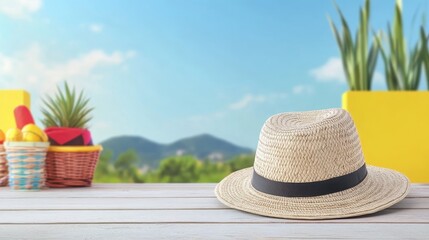 Summer Straw Hat on Wooden Table with Bright Background - A stylish straw hat rests on a wooden table with vibrant outdoor scenery, including plants and colorful summer accessories.