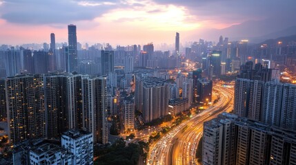 Obraz premium Cityscape view at dusk with illuminated buildings and busy highway at nightfall