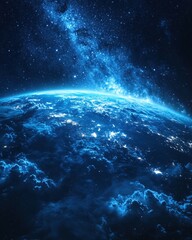 Fototapeta premium Blue planet view from space with stars and clouds in a dark night sky universe scene