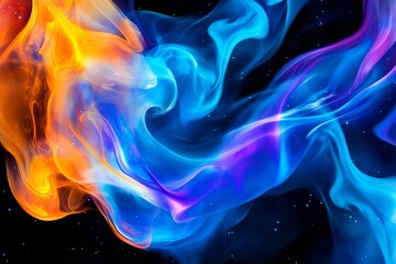 Obraz premium Vibrant Abstract Smoke in Blue and Orange - A mesmerizing blend of blue, orange, and purple smoke-like textures against a dark background, creating a captivating visual experience.