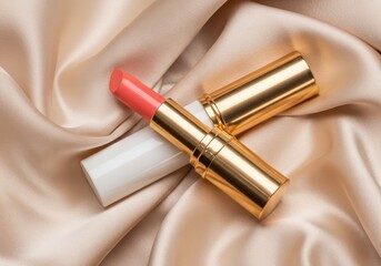 Luxury lipstick in coral pink shade with gold and white packaging on soft silky background in studio lighting