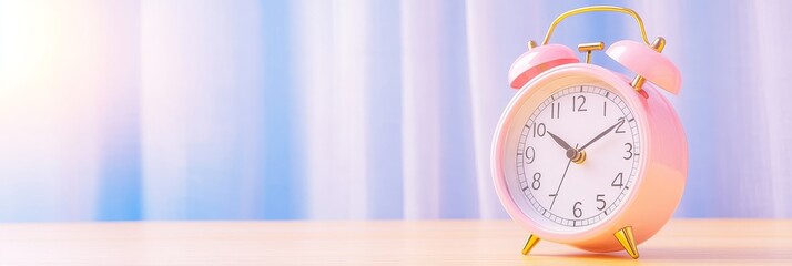 Vintage Pink Alarm Clock on Wooden Table - A stylish vintage pink alarm clock sits on a wooden table with a soft blue curtain backdrop, creating a serene atmosphere.