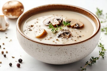 Mushroom slices splash in creamy soup, creating a delightful culinary moment