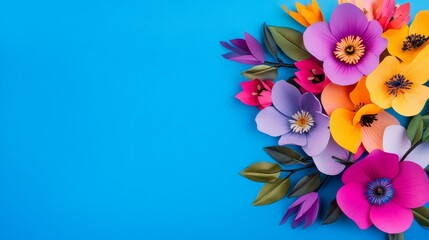 A close up shot of bright spring flowers in vibrant colors - Bright and colorful paper flowers symbolize joy peace beauty and nature on a blue background.