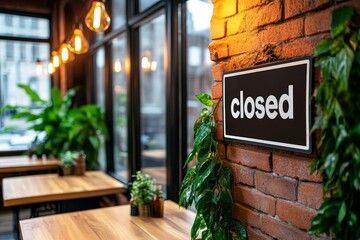 Obraz premium A closed sign hanging on a rustic brick wall - A closed sign decorates a brick wall with plants and wooden tables symbolizing business closure, rustic charm, and cozy ambiance.