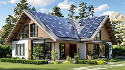 Modern House with Solar Panels - Sustainable Home, Two-Story Design, Sloped Roof - Ideal for Real Estate, Architecture, and Eco-Friendly Living Concepts