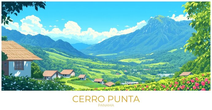 Cerro punta Panama Travel Poster Flat Illustration Print Decor Gift Canvas Wall Art