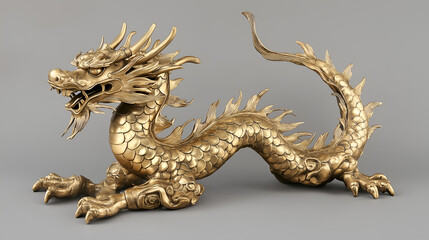 Obraz premium A golden dragon sculpture with intricate details, featuring a long body, sharp spikes, and an expressive face, set against a neutral background.