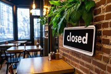 A closed sign hanging on a rustic brick wall - A cozy cafe interior with a closed sign, rustic decor, wooden tables, hanging plants, and soft lighting creating a warm atmosphere