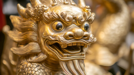 Obraz premium A detailed golden dragon sculpture, featuring intricate patterns and an expressive face, symbolizing strength and prosperity.