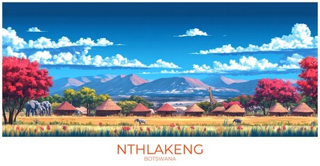 Nthlakeng Botswana Travel Poster Flat Illustration Print Decor Gift Canvas Wall Art