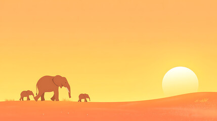 Fototapeta premium Thai elephant family moving across a golden sunset horizon