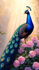 A Majestic Peacock Stands Amidst Blooming Roses - A colorful peacock displays its vibrant feathers among soft roses, symbolizing grace, beauty, nature, elegance, and harmony.